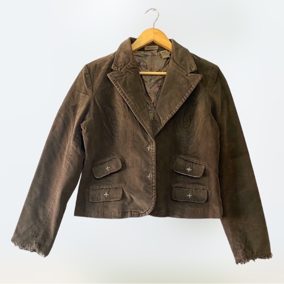 Equestrian Sz Lg Jr Brown Twill Floral Lined Jacket Snap Pockets Frayed Wrists - Picture 1 of 11